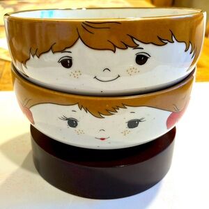 VINTAGE 70’S STONEWARE INTERPUR KOREAN BOY & GIRL WITH FRECKLES BOWLS.